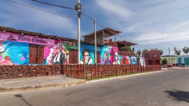 Fast walk on Gamarra street to Santa Rosa park and back to waterfront. Monumental Callao is one of the new fashion areas near Lima hyperlapse. Street with colorful houses and restaurants. Lima Peru. clipart