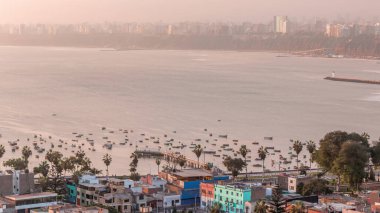 Aerial view of Lima's shoreline including the districts of Barranco and Chorrillos on background timelapse. Early morning during sunrise with many boats floating on waves in harbor. Peru clipart