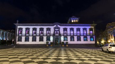 Funchal belediye binasının önü ve meydanı gece vakti bir çeşme ile hiperhızlandırılmış. Madeira, Portekiz. Aydınlatılmış tarihi bina