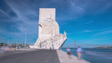 Padrao dos Descobrimentos or Monument to the Discoveries celebrates the Portuguese who took part in the Age of Discovery, Lisbon, Portugal timelapse hyperlapse on waterfront clipart