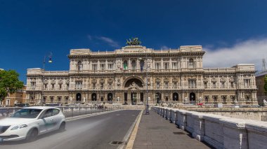 Palace of Justice (Palazzo di Giustizia) timelapse hyperlapse - courthouse building with Ponte Sant' Umberto bridge. Blue cloudy sky. Traffic on a road. Rome, Italy. clipart