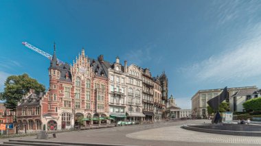 Timelapse hyperlapse of the Musical Instrument Museum (MIM) in the former Old England department store on Coudenberg street, Brussels, Belgium. Place Royale square in the background under blue skies clipart