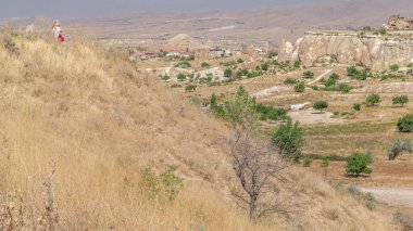 Türkiye 'nin Kapadokya kentindeki Nevsehir' in Kızıl Vadisi ve Gül Vadisi. Aşk vadisi ve peri bacaları Yeşil ağaçlı panoramik manzara