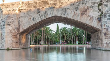 İspanya 'nın Valencia şehrinde bulunan Pont de la Mar köprüsünün zaman ayarlı kemeri süslemeli mimarisini sakin bir gölete yansıtıyor. Etrafı yeşil parklarla çevrili ve açık mavi gökyüzünün altında palmiye ağaçları.