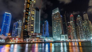 Dubai Marina güvertesi, deniz kenarındaki Birleşik Arap Emirlikleri gecesinden kalma yatlar ve modern kulelerle doludur. Çevresinde yapay kanallar ve aydınlık gökdelenler olan bir bölge.