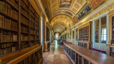Fransa 'nın Fontainebleau şehrinde Fransız kralların ve imparator Napoleon' un vatanı olan Chateau de Fontainebleau zamanının büyük kütüphanesinin iç ve mimari detayları.