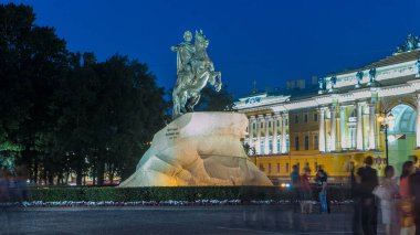 Night to Day Transition Hyperlapse: Peter the Great Monument (Bronze Horseman) on Senate Square, St. Petersburg, Russia. Tourists Exploring during Summer White Nights clipart