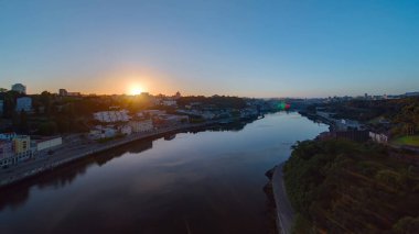 Sunrise over the most emblematic area of Douro river panoramic timelapse. World famous Porto wine production area.