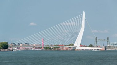 Hollanda, Rotterdam 'daki Maas Nehri' ni kapsayan Kuğu adlı Erasmus Köprüsü zaman dilimi. Hollanda 'nın en büyük kablo destekli baskülü köprüsü. Rıhtım, tekneler ve bulutlu mavi bir zemin.