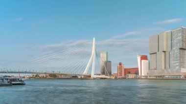 Hollanda, Rotterdam 'daki Maas Nehri' ni kapsayan Kuğu adlı Erasmus Köprüsü zaman dilimi. Hollands 'ın en büyük kablo destekli basküle köprüsü gökdelenleri, tekneleri ve bulutlu mavi bir arkaplanı var.