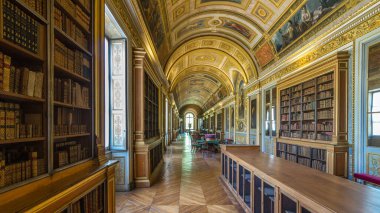 Fransa 'nın Fontainebleau şehrinde Fransız kralların ve imparator Napoleon' un vatanı olan Chateau de Fontainebleau zamanının büyük kütüphanesinin iç ve mimari detayları.