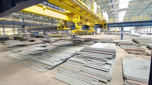 Factory workshop with lifting crane device timelapse hyperlapse, lift loads using lifting magnet, mechanical workshop, metal sheets structures on the floor of plant.