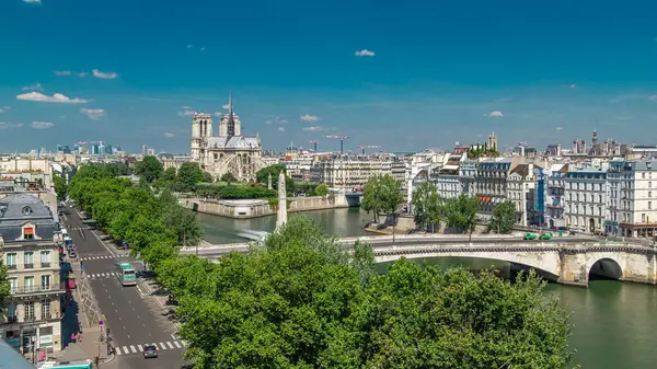 Paris Panorama ile Cite Adası ve Katedral Notre Dame de Paris Arap Dünya Enstitüsü gözlem güvertesinin arka planında. Üst Manzara. Rıhtımda yeşil ağaçlar, Seine nehri. Fransa.