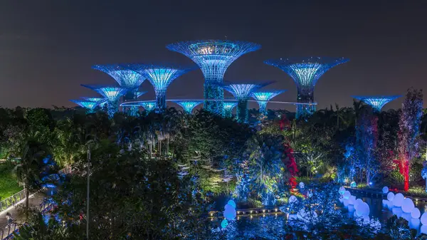 Singapur 'daki körfez gecesinde Garden' da fütürist şaşırtıcı aydınlanma. Hafif donanımlı Dragonfly Gölü. Supertree Groveis 'deki gece lambası gösterisi Marina Körfezi' nin ana turistik merkezi.