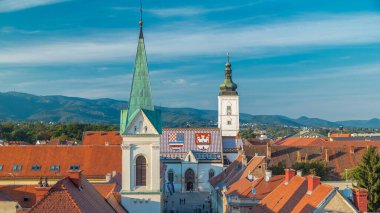 Church of St. Mark timelapse and parliament building Zagreb, Croatia. Top view from Kula Lotrscak tower viewpoint