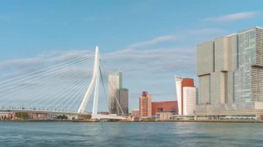 Hollanda, Rotterdam 'daki Maas Nehri' ni kapsayan Kuğu adlı Erasmus Köprüsü zaman dilimi. Hollands 'ın en büyük kablo destekli basküle köprüsü gökdelenleri, tekneleri ve bulutlu mavi bir arkaplanı var.