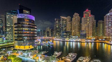 Dubai Marina rıhtımında, Dubai 'deki alışveriş merkezinin balkonundan alınan palmiyeler, kuleler ve yatlar, Birleşik Arap Emirlikleri..