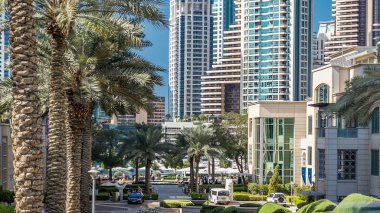 Yat limanında çeşme ve palmiyeler gün içinde modern kulelerle yürüyor. Dubai, BAE