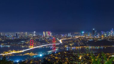 İstanbul kenti, Camlica Hill 'den Bosphorus Köprüsü' nün (15 Temmuz Şehitleri Köprüsü) ve finans merkezinin gece görüş mesafesini değiştirdi. Köprüde trafik ve Boğaz 'da gemi.