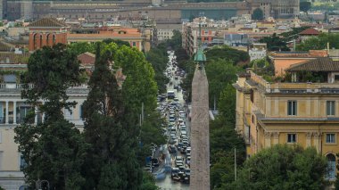 Piazza del Popolo and via Flaminia timelapse seen from Pincio terrace in Rome. Italy. Top aerial view before sunset