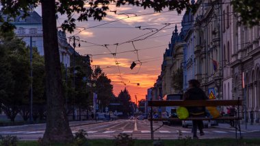 Street with sunset in the Croatian capital Zagreb. People sitting on the bench near tree. Road traffic and tram rails