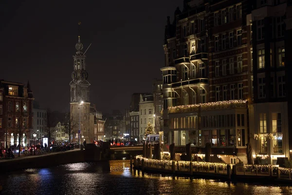 Munttoren Amsterdam Paesi Bassi Visto Notte Dall Amstel — Foto Stock