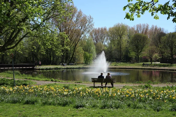 Beatrix Park Netherlands People Bench Enjoying Spring Sun — Stock Photo, Image