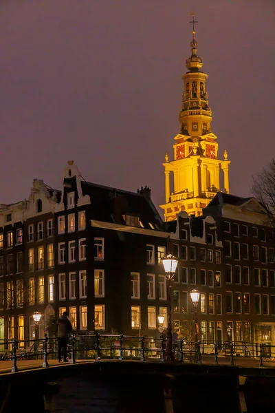 Πύργος Του Zuiderkerk Στο Άμστερνταμ Ολλανδία Νύχτα — Φωτογραφία Αρχείου
