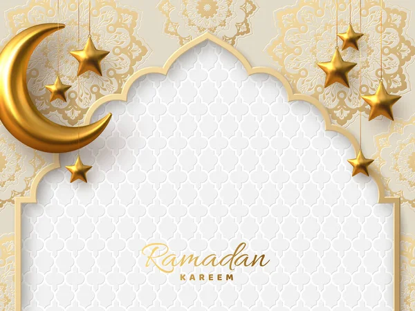 Ramadan Karta Wektorowa Kareem Złoty Metalowy Półksiężyc Gwiazdy Arabski Łuk — Zdjęcie stockowe