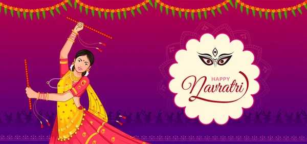 Dandiya Night Dansende Meisjes Bij Navratri Gelukkig Durga Puja Navratri — Stockvector