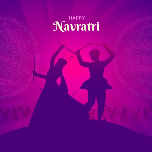 Dansen Dandiya Koppel Bij Navratri Happy Durga Puja Dussehra — Stockvector