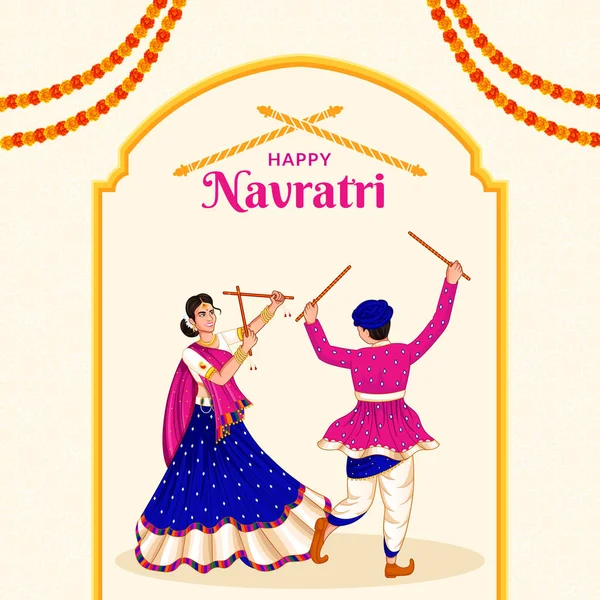 Dancing Dandiya Couple Navratri Happy Durga Puja Dussehra — Stock Vector