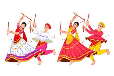 Navratri 'de dans eden Dandiya çifti, Mutlu Durga Puja ve Dussehra