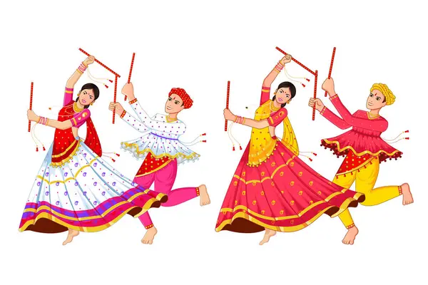 Bailando Pareja Dandiya Navratri Happy Durga Puja Dussehra — Vector de stock