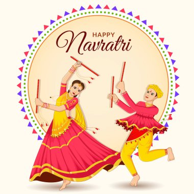 Navratri 'de dans eden Dandiya çifti, Mutlu Durga Puja ve Dussehra