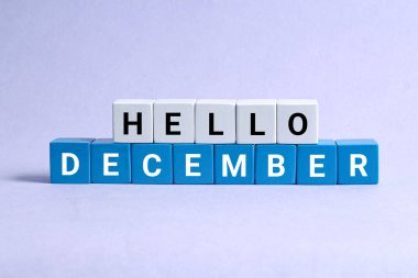 metin merhaba aralık harf ahşap bloklar mor arkaplan üzerinde.