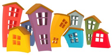  3D rendering of houses on a light background. Multicolored houses. cartoon house. 3D Render.