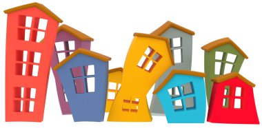  3D rendering of houses on a light background. Multicolored houses. cartoon house. 3D Render.