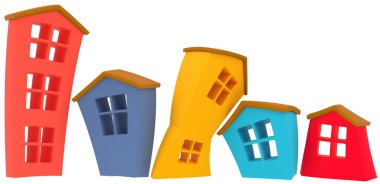  3D rendering of houses on a light background. Multicolored houses. cartoon house. 3D Render.