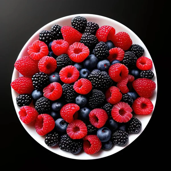 Berries Raspberries Blackberries Blueberries Plate Berries Were Created Stable Diffusion — Stock Photo, Image