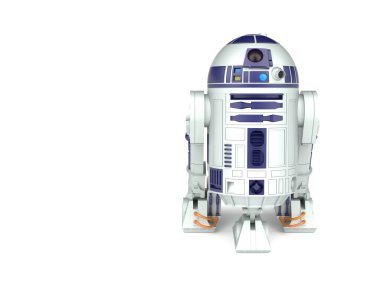 KYIV, UKRAINE - Mayıs. 10, 2023: 3d hafif arka planda bir r2d2 droidin canlandırması. 3d hazırlayıcı.
