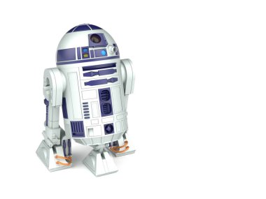 KYIV, UKRAINE - Mayıs. 10, 2023: 3d hafif arka planda bir r2d2 droidin canlandırması. 3d hazırlayıcı.
