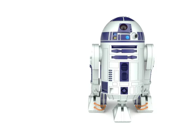 KYIV, UKRAINE - Mayıs. 10, 2023: 3d hafif arka planda bir r2d2 droidin canlandırması. 3d hazırlayıcı.