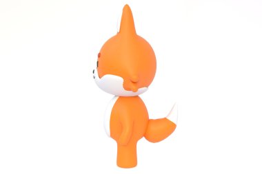 Çizgi film tilkisinin 3 boyutlu görüntüsü. Beyaz arka plandaki küçük tilki. 3 Boyutlu Hazırlama.