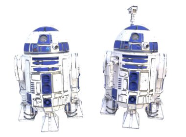 KYIV, UKRAINE - Mayıs. Bir r2d2 droidinin hafif arkaplandaki görüntüsü. 3d hazırlayıcı.