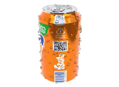 KYIV, UKRAINE - Mayıs. 9, 2024: 3d alüminyum bir Fanta kutusunun hafif arkaplandaki görüntüsü. 3d hazırlayıcı.
