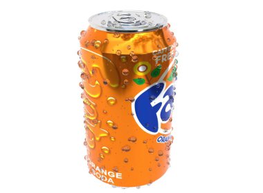 KYIV, UKRAINE - Mayıs. 9, 2024: 3d alüminyum bir Fanta kutusunun hafif arkaplandaki görüntüsü. 3d hazırlayıcı.