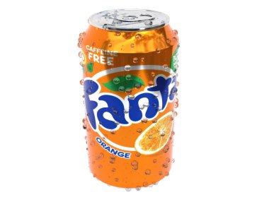 KYIV, UKRAINE - Mayıs. 9, 2024: 3d alüminyum bir Fanta kutusunun hafif arkaplandaki görüntüsü. 3d hazırlayıcı.