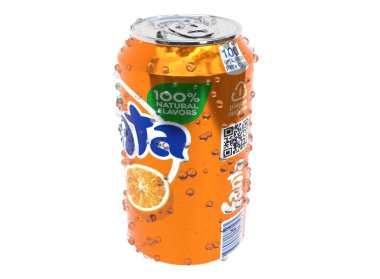 KYIV, UKRAINE - Mayıs. 9, 2024: 3d alüminyum bir Fanta kutusunun hafif arkaplandaki görüntüsü. 3d hazırlayıcı.