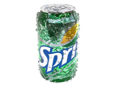 KYIV, UKRAINE - Mayıs. 9, 2024: 3d hafif arka planda alüminyum bir Sprite kutusu. 3d hazırlayıcı.